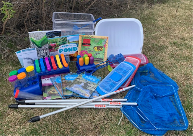 Variety of colourful tools, materials and books to explore life in ponds on a grass background.