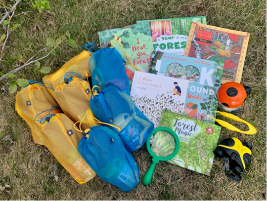 Books and tools (pliers, binoculars, insect jars, magnifying glasses) to explore the forest on a grass background