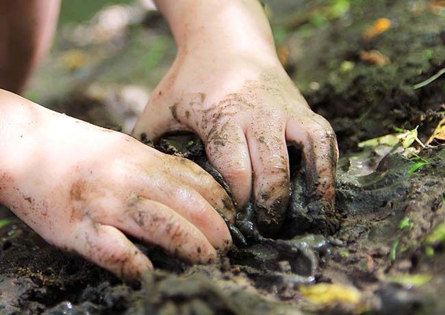Child hands digging in mud outside